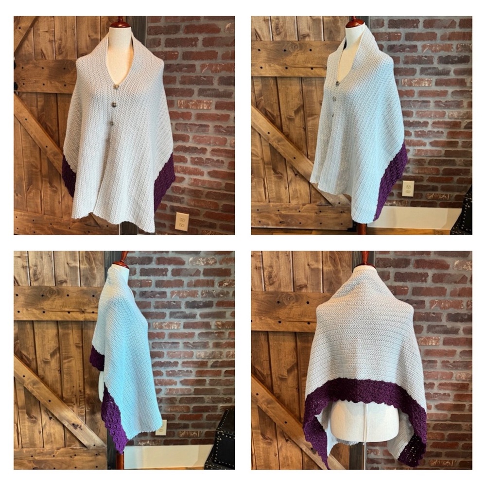 Handmade Knit Shawl Poncho Wrap– Gray with Plum Trim Cozy Fall Sweater Cape